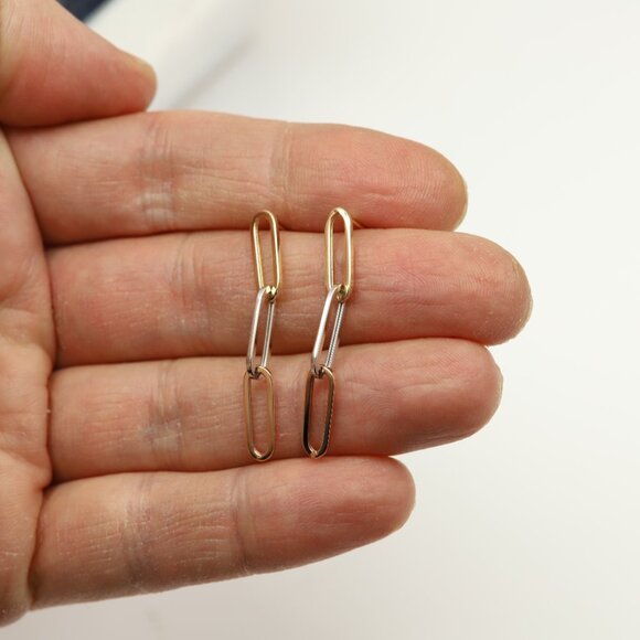 3 Color Gold Paperclip Earrings 5mm   1.5' Inch long Dangle Earrings Real 14k Go - Picture 4 of 9